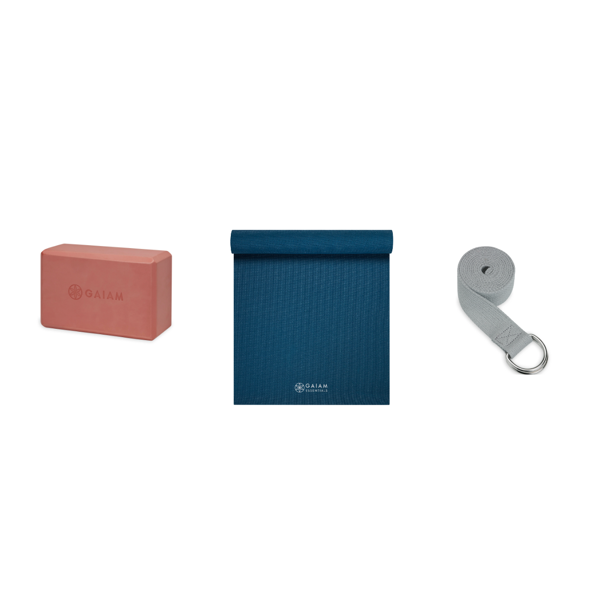 Yoga Bundle - Block (Very Coral), Mat (Navy), Strap (Grey)